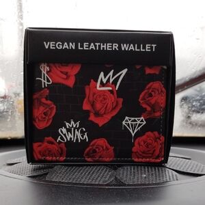 Vegan Leather Wallet with Red Rose Design